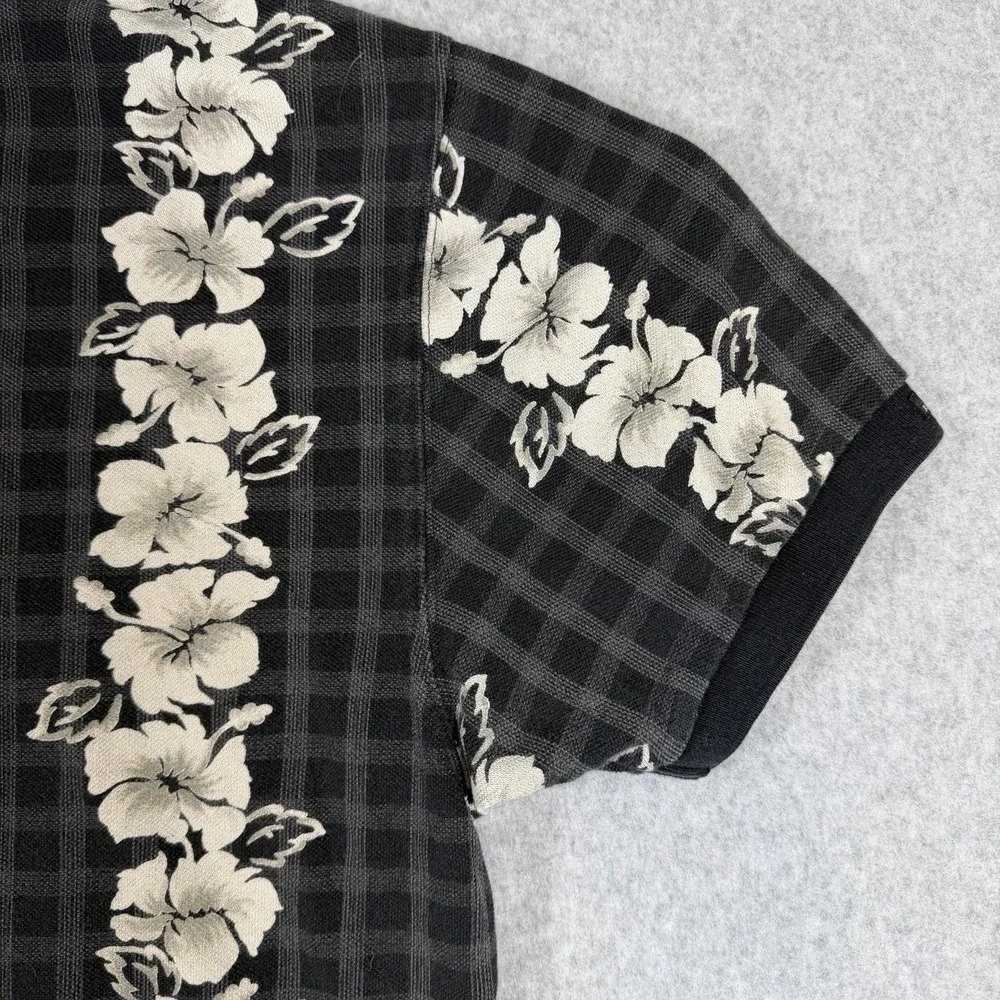 Vintage 90s Chaps Ralph Lauren Polo Shirt Black White Floral Stripes Aloha Retro
